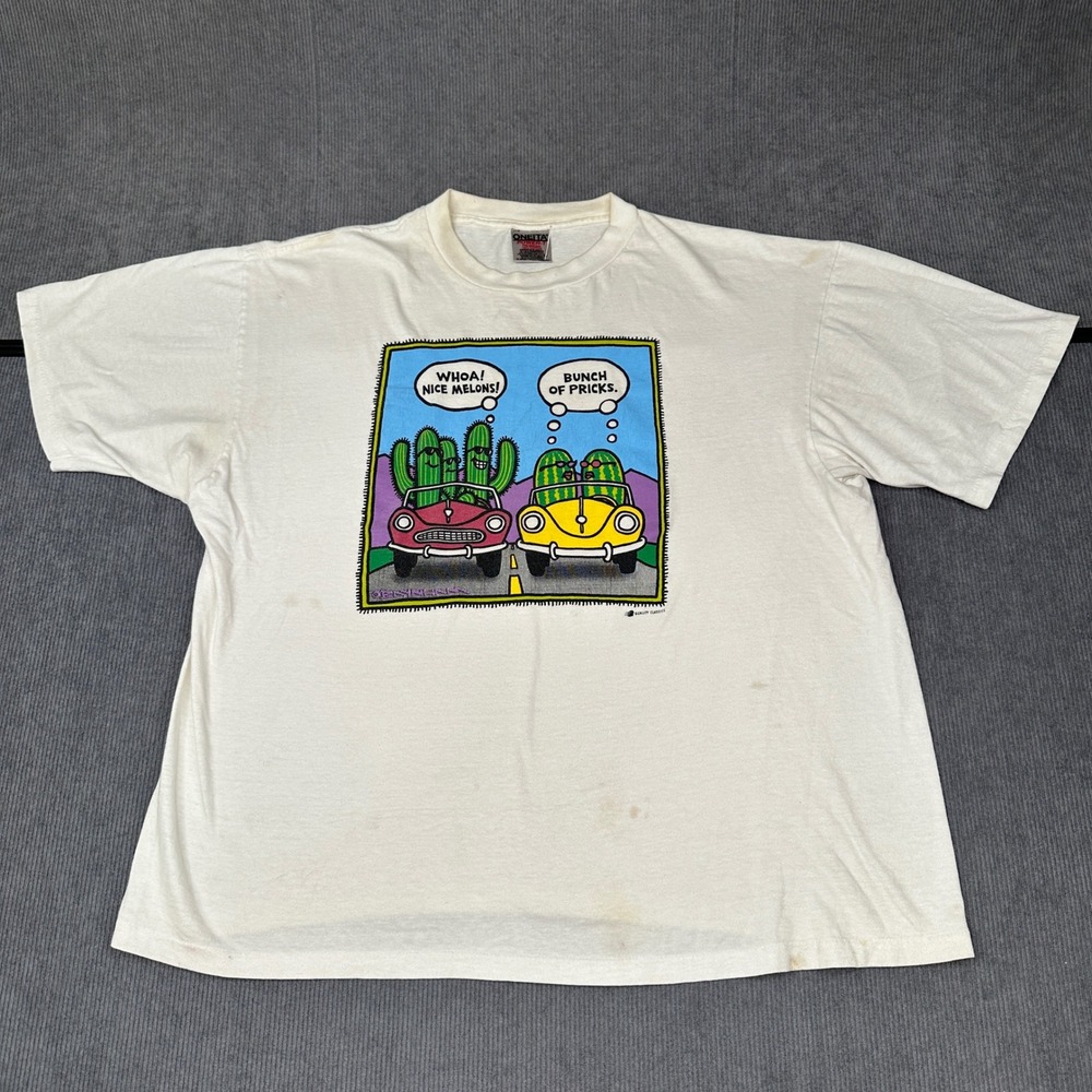Vintage 90s Funny Comic Tee Graphic T-Shirt XL White Nice Melons Bunch of Pricks - Picture 1 of 10